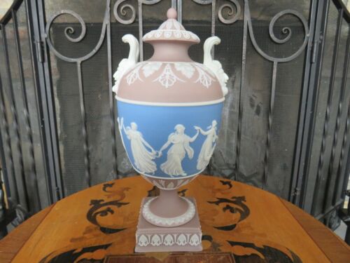 Wedgwood Tri-Color Lilac Jasperware Dancing Hours Bacchus Heads Urn Vase c.1870