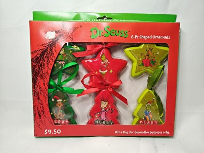 DR. SEUSS CHRISTMAS ORNAMENTS. 6 PIECES SHAPED WITH CHARACTERS NEW IN BOX.
