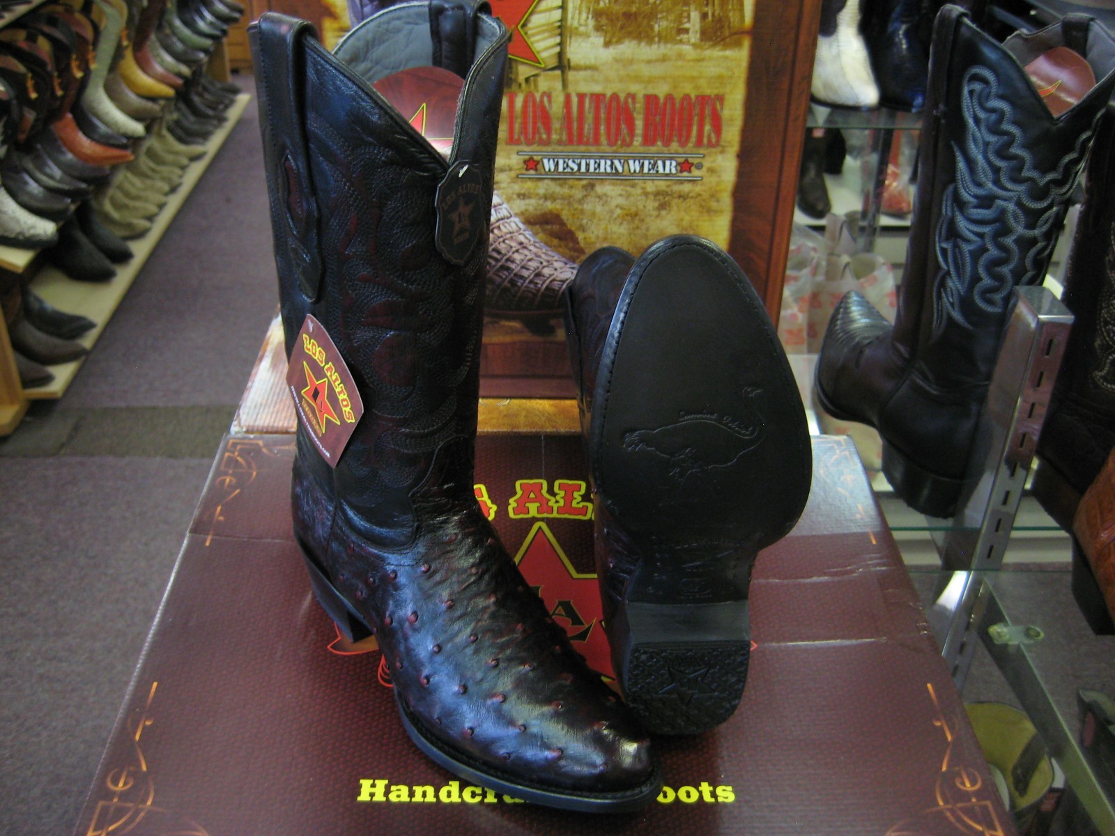 Pre-owned Los Altos Boots Los Altos Men Cherry Genuine Full Quill Ostrich Round Toe Western Cowboy Boot D