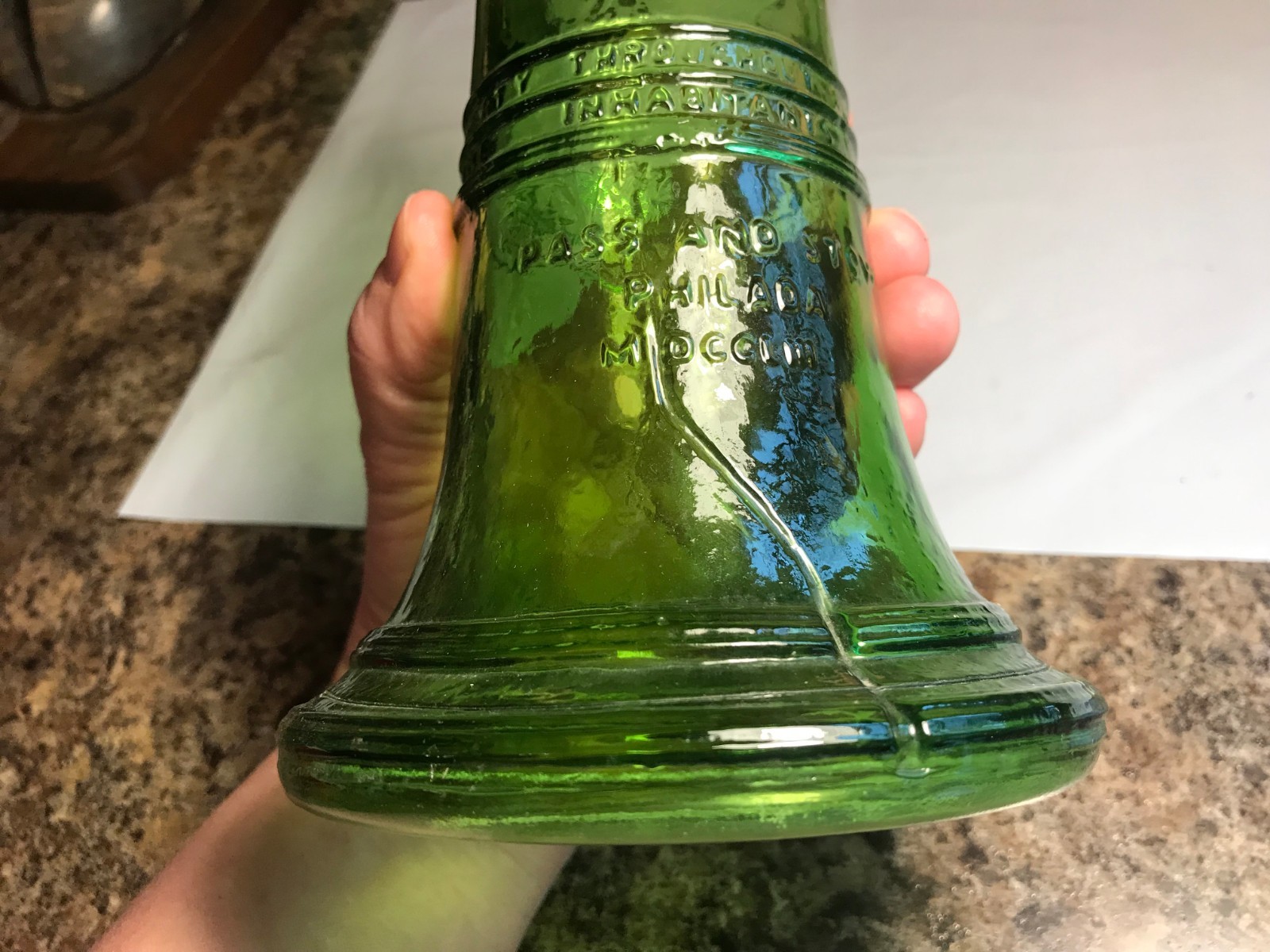 Vintage Wheaton NJ Green Glass Liberty Bell Shaped Bottle Decanter