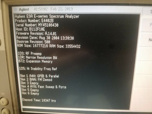 HP Agilent E4402B 9KHz - 3GHz Spectrum ANALYZER, opt 1DS 1DR B72 1D5 A4H BAA AYX