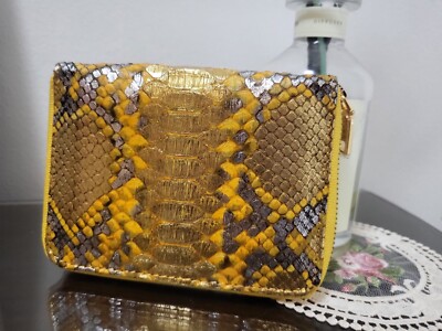 iKlim Handmade Real Python Snakeskin Leather Bifold Zip Wallet Gold NEW in Stock