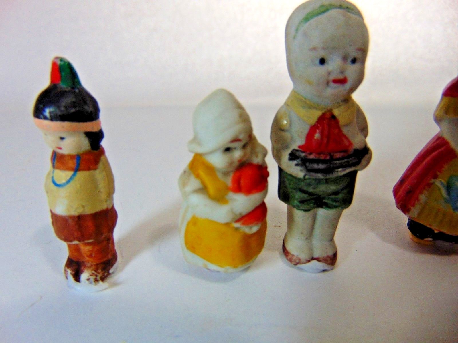 MINIATURE 4 PIECE LOT SET BISQUE WESTERN WEST COW GIRL BOY SAIL BOAT HOME DECO
