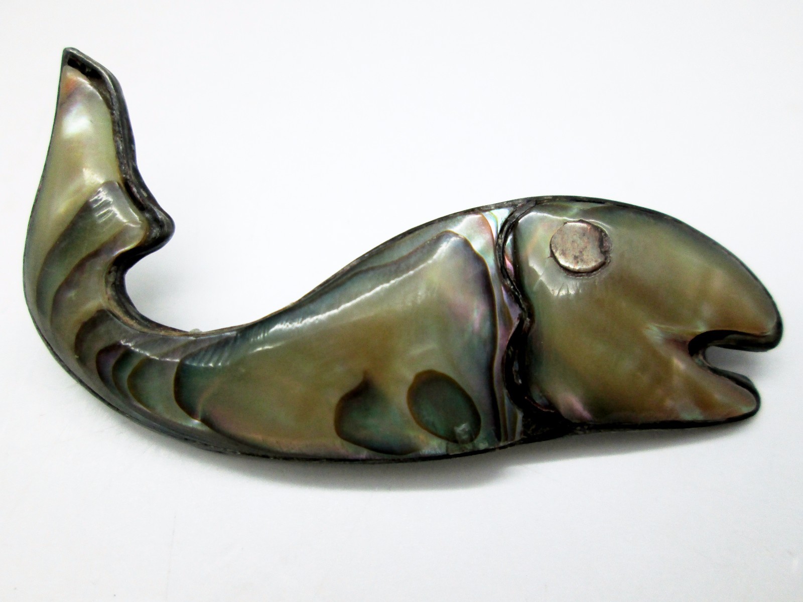 Vintage Mexico 925 Sterling Silver Whale Pin Brooch with Abalone Stone