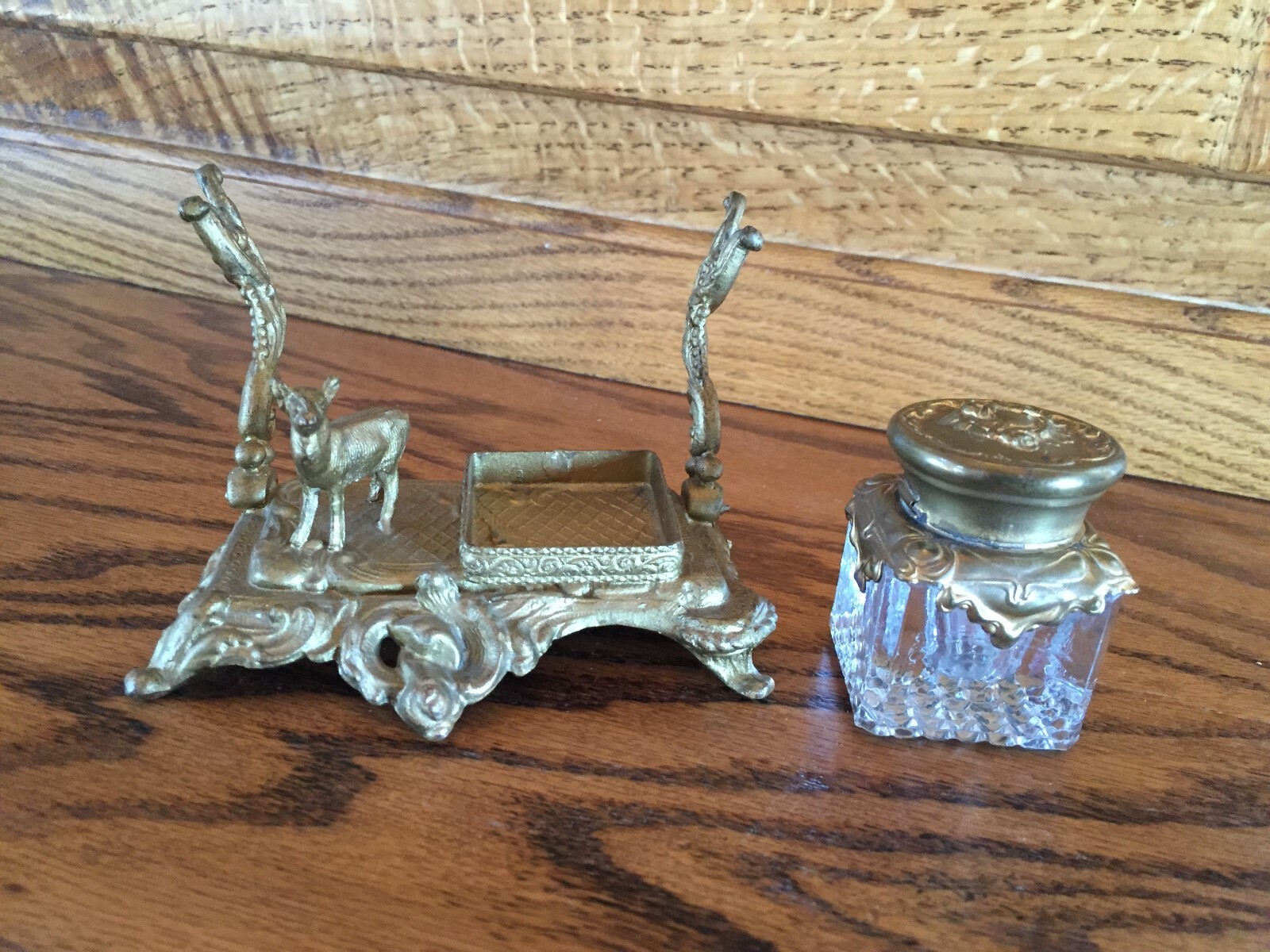 Vintage Ink Well - Cast Iron - Deer Figure - Glass and Cast Iron Ink Bottle