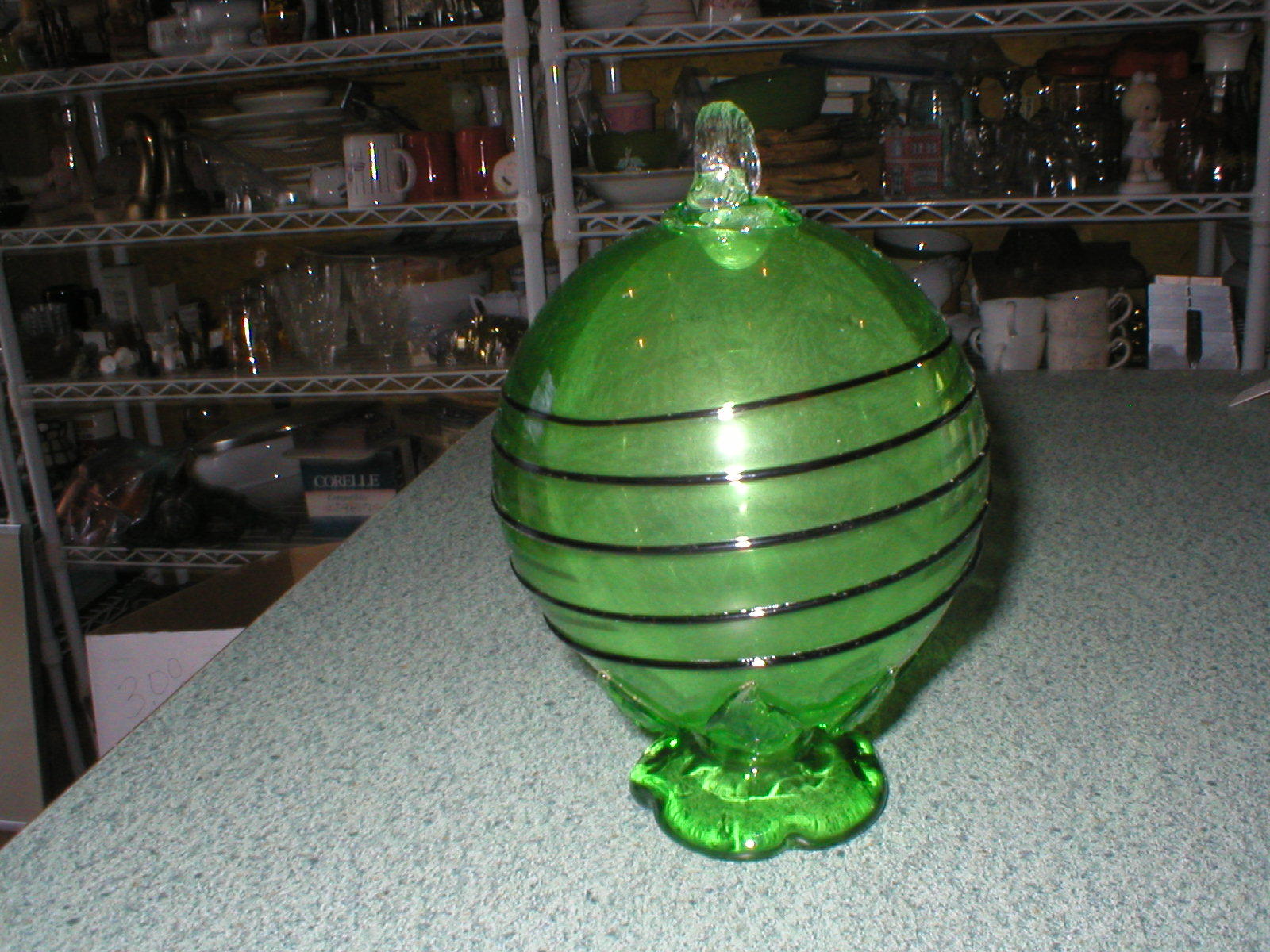 Vintage Green Ball Black Wrapped Footed W/Hanger Art Glass Hand Blown 6