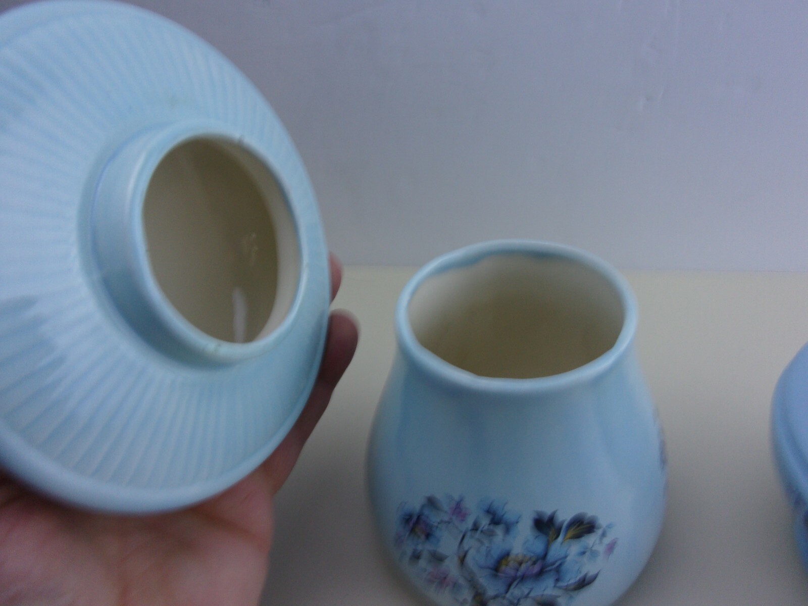 Vintage Blue Floral Ceramic Mushroom Shaped Covered Container and Candy Dish