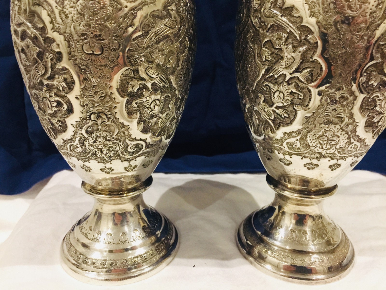 Magnificent Pair of  Solid Silver Islamic Qagar Middle Eastern  Persian vases