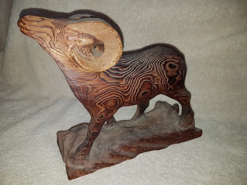 HUGE EARLY WOODEN CARVED RAM ON MOUNTAIN,SIGNED