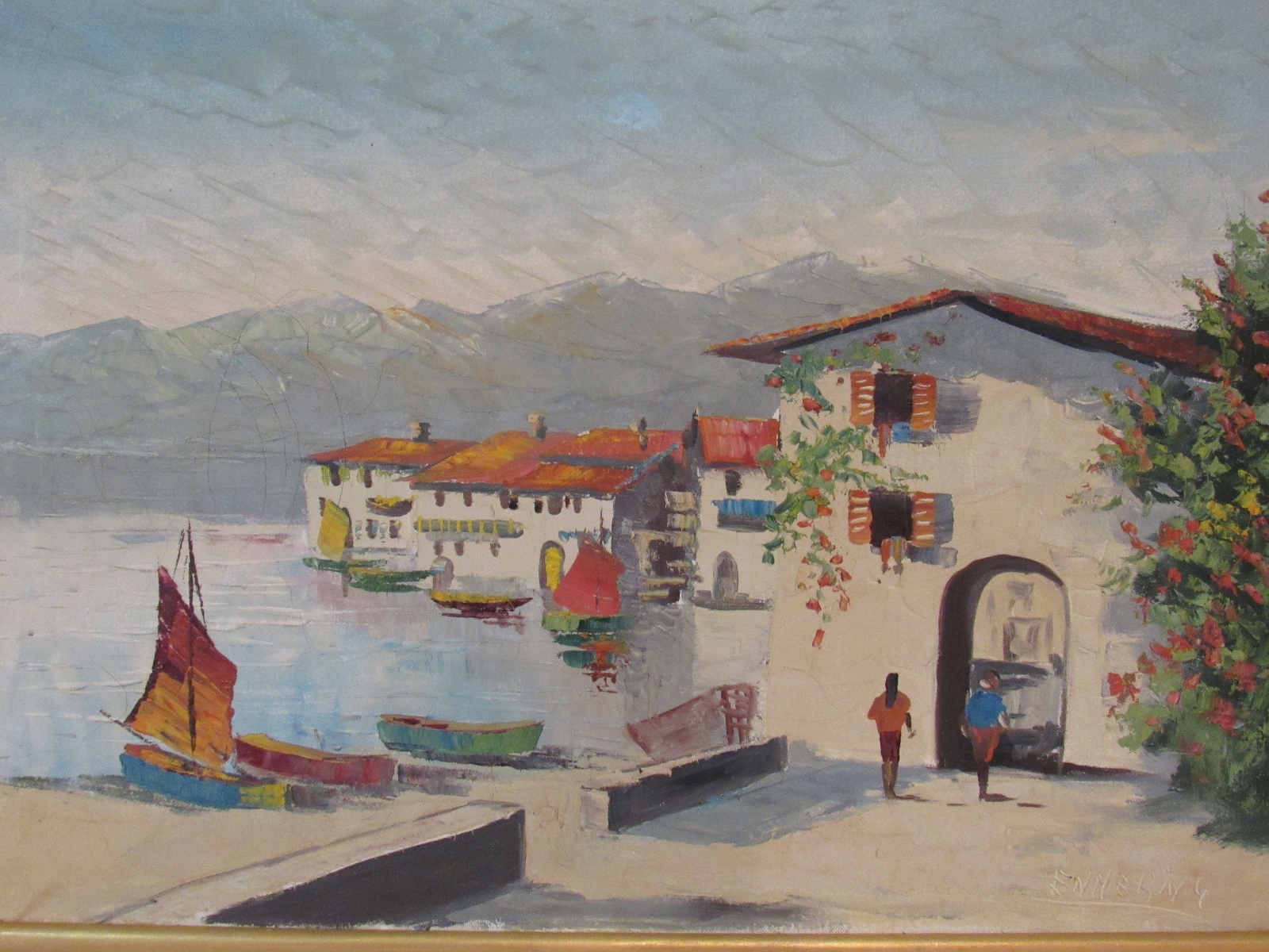  IMPRESSIONISM HARBOR SCENE OIL PAINTING WITH BOATS, MOUNTAIN, LAKE 1960s SIGNED