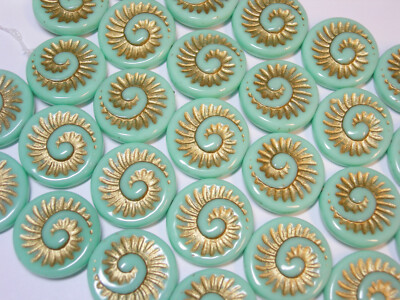 6 - 18mm Turquoise Gold Fossil Snail Shell Swirl Spiral Czech Glass Coin Beads 