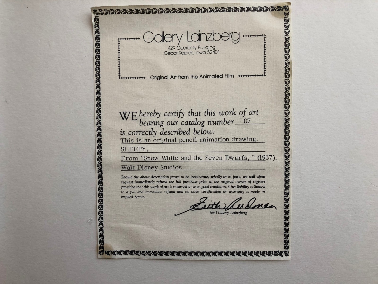 Original pencil animation drawing SLEEPY. Snow White & 7 Dwarfs COA 1937 DISNEY