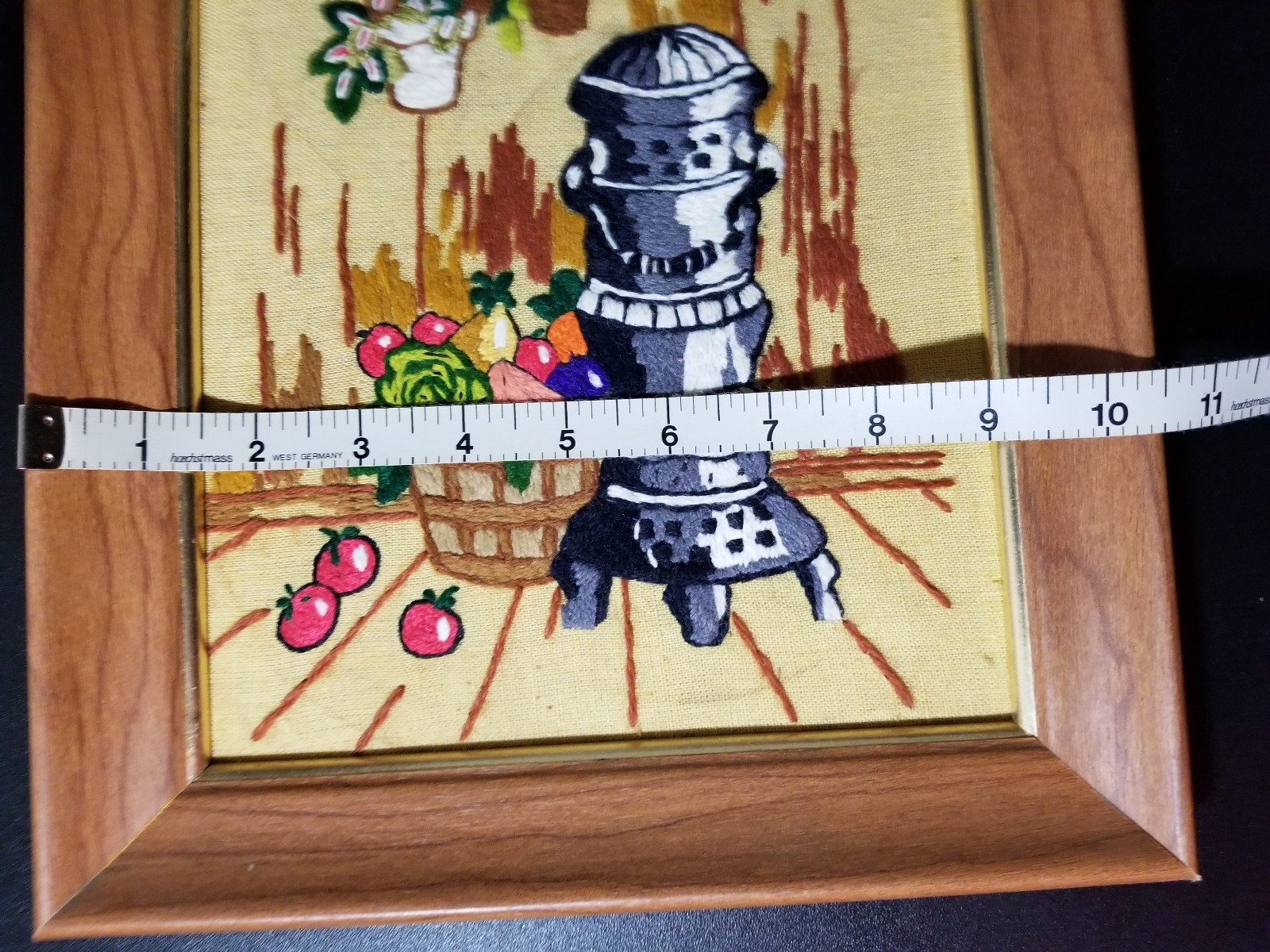 VTG FRAMED WOOD STOVE FLOWER FRUIT HAND STITCHED EMBROIDERY NEEDLEPOINT PICTURE