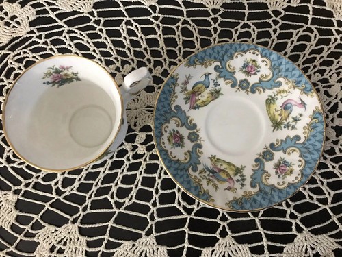 Tea Cup & Saucer Rosina Queen's Fine Bone China Teal With Birds