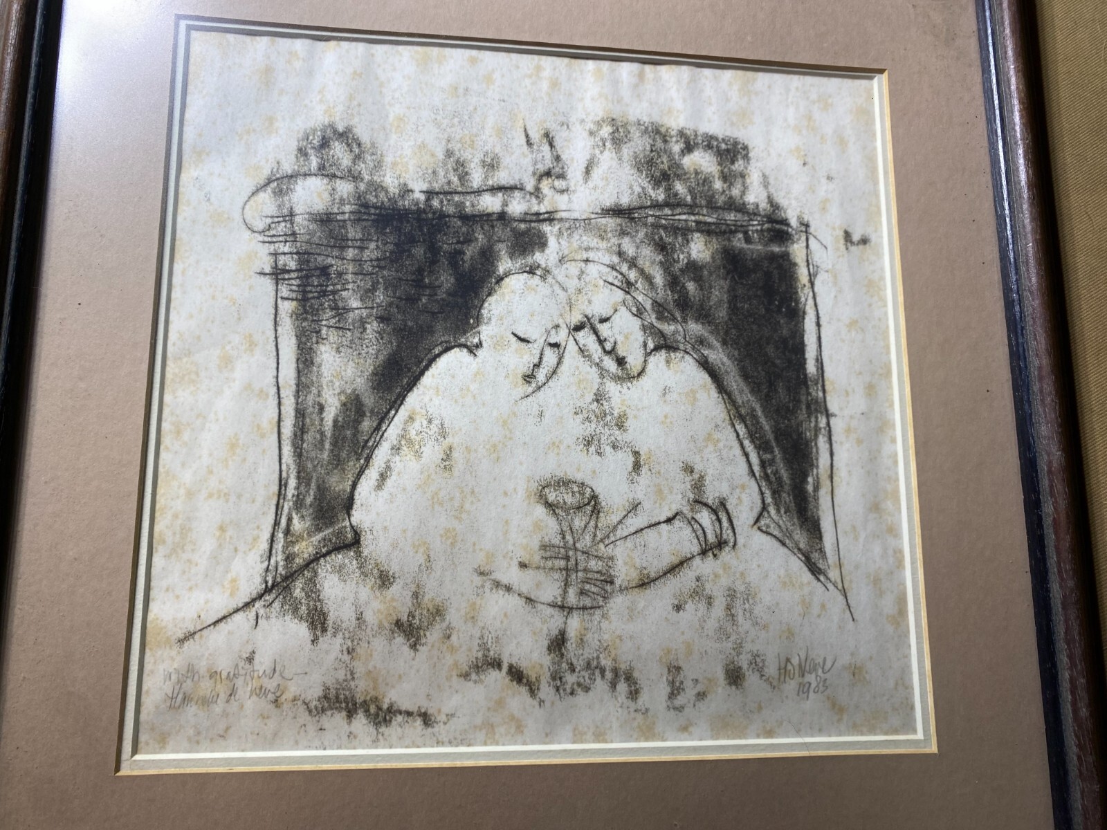 1983 "Two Figures Scene" Mixed Media Painting - Signed And Framed