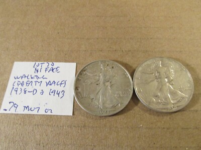 $1 face~Walking Liberty Halfs~1938-d & 1943~90% Silver~.79 tr~Free Ship~Lot 20!