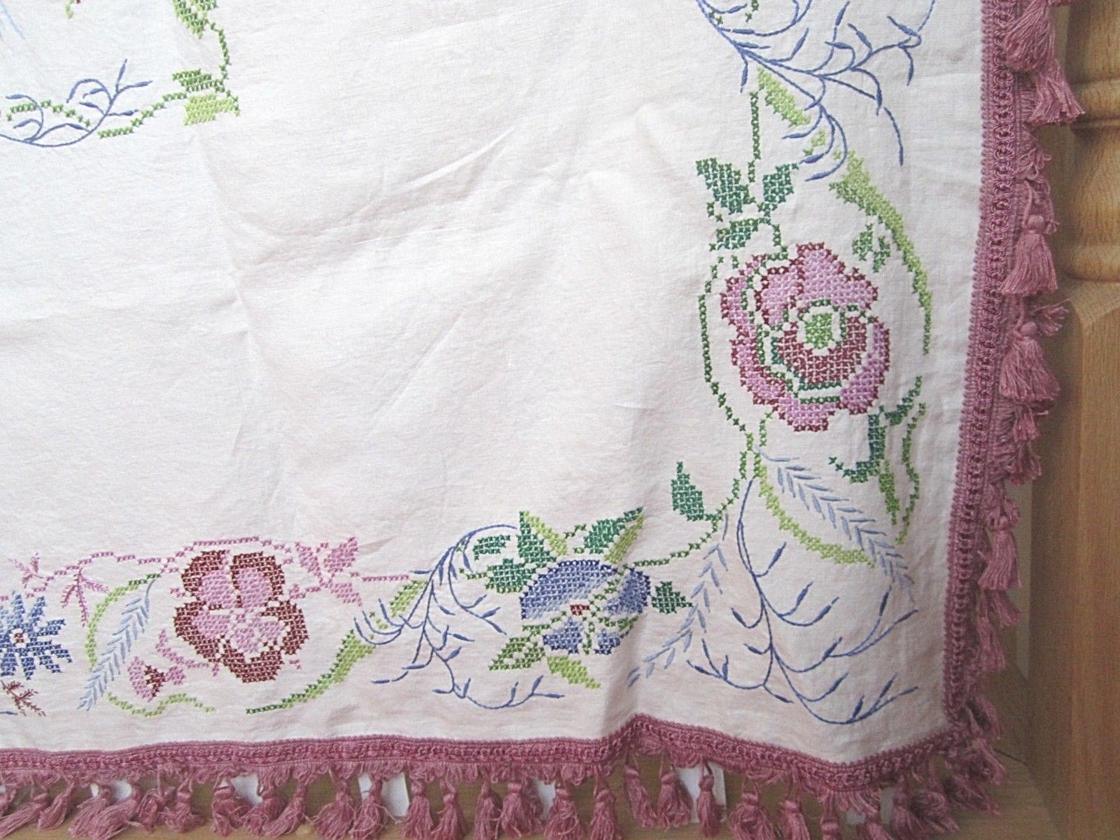 HAND EMBROIDERED LINEN TABLECLOTH~70” X 50” CROSS-STITCH & LUSH FRINGE