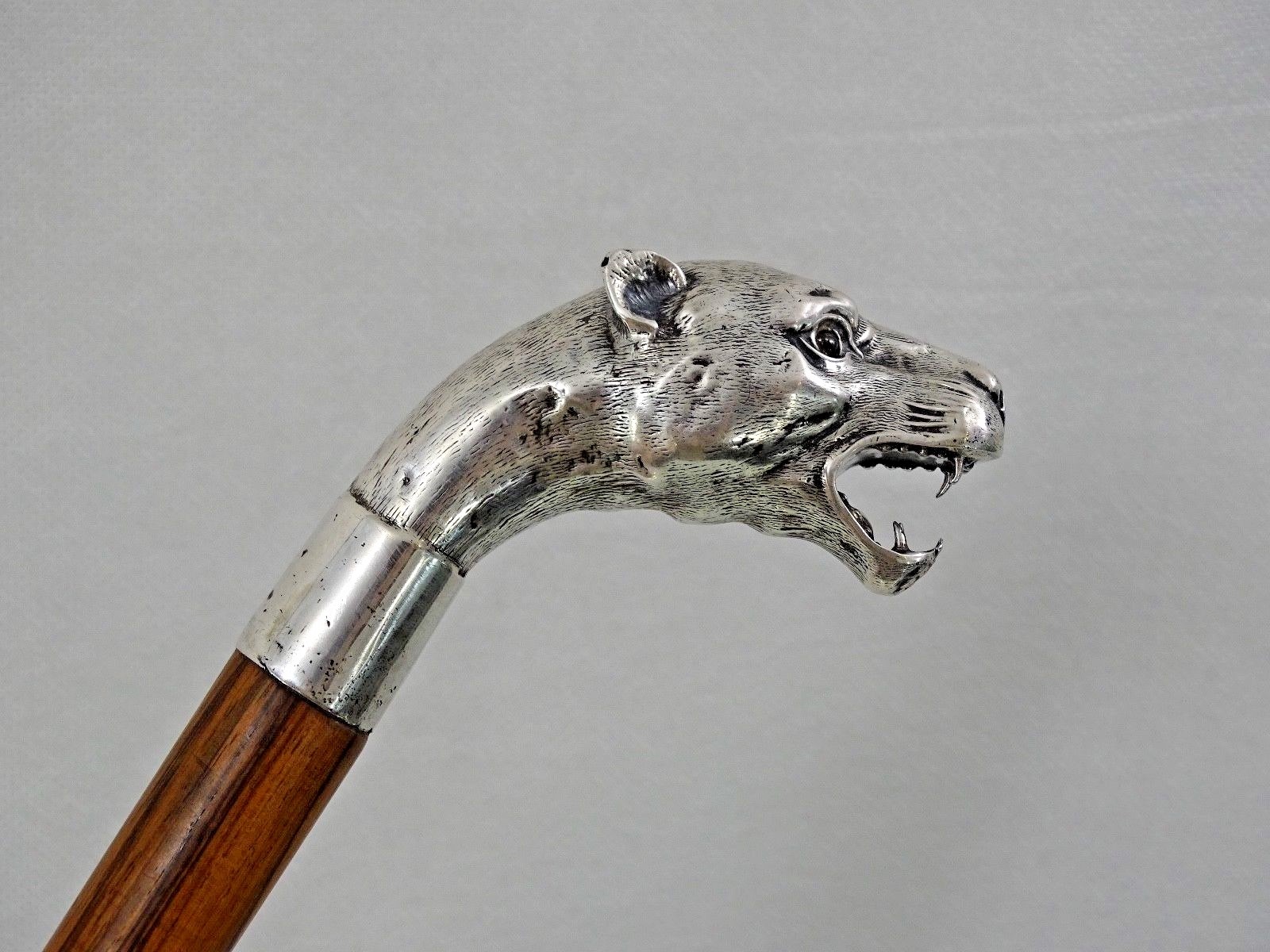 GORGEOUS ANTIQUE WALKING CANE STICK SILVER HANDLE WIDL CAT JAGUAR PUMA sterling