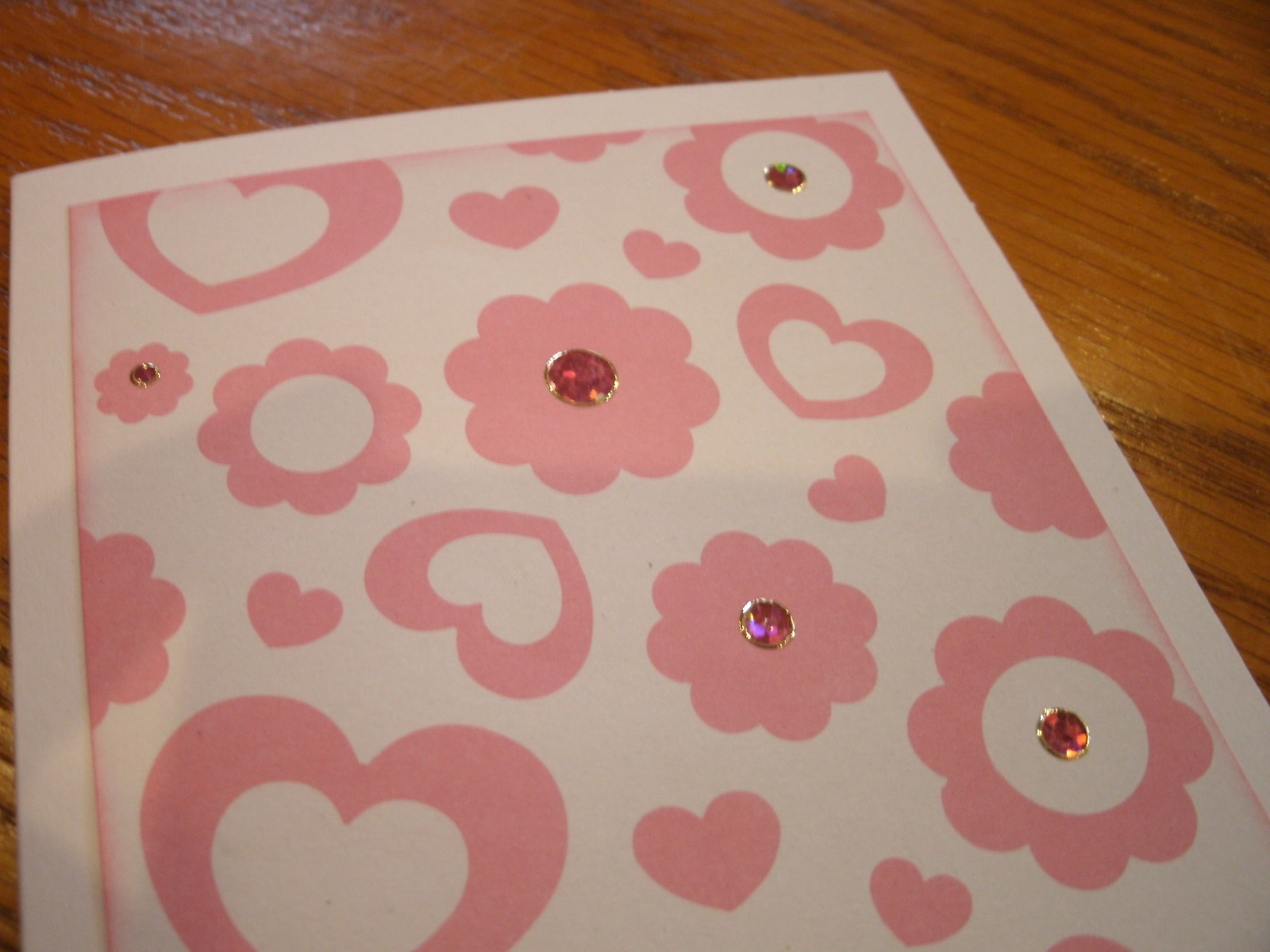 Pink Hearts & Flowers Handmade Card & Envelope with Pink Jewel Dazzles