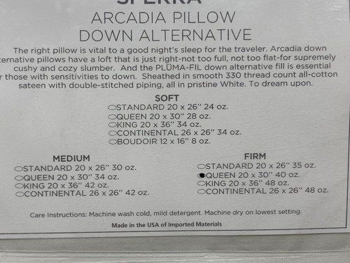 SFERRA Arcadia Down Alternative Pillow Queen Firm New
