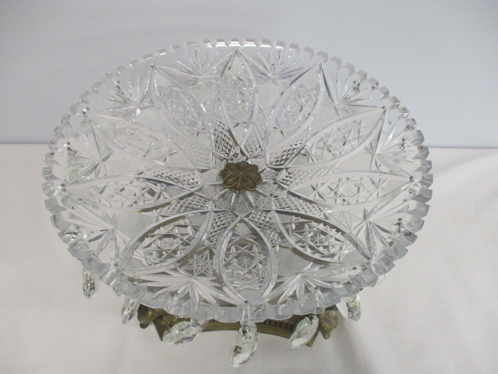ANTIQUE HEAVY CRYSTAL CENTERPIECE BOWL with CHERUB BASE & DANGLE PRISMS 13 1/2