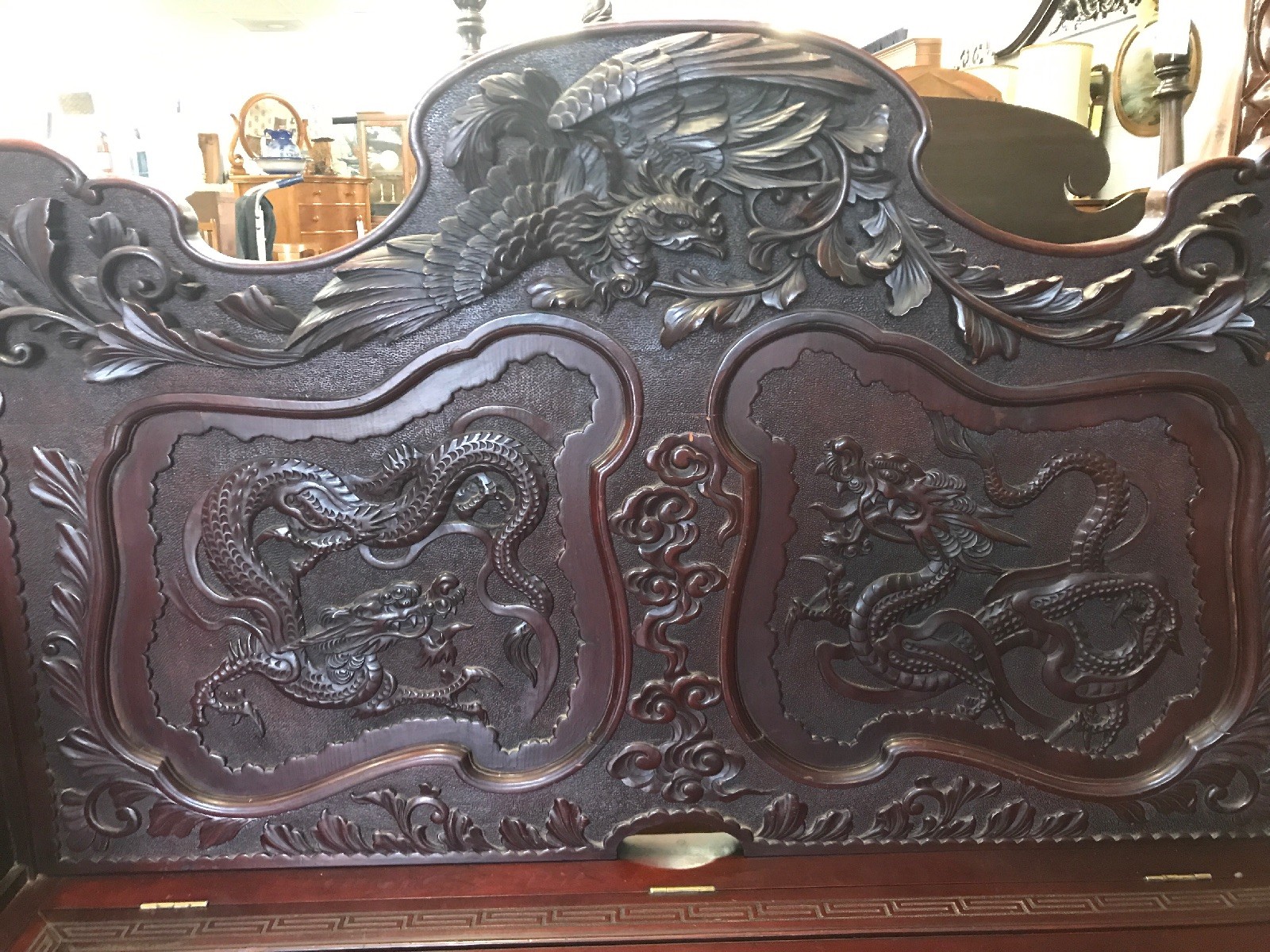 Antique Chinese Dragons Gargoyles Carved Bench Settee Chase w/Storage