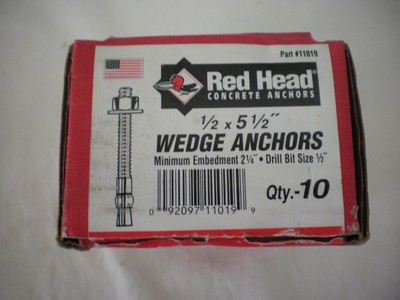 Box of 10 Redhead Concrete Wedge Anchors 1/2 x 5 1/2