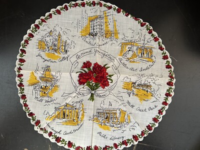 RARE ANTIQUE YOUNGSTOWN OHIO ROUND LIBRARY COLLEGE BUTLER PARK MILL CLOTH DOILY