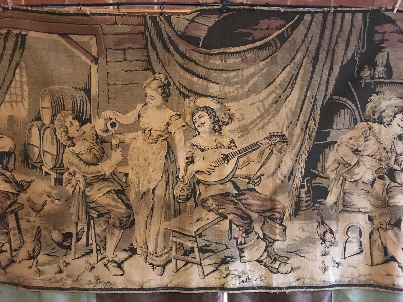 Antique 1800s Tapestry 4'x11' Wall Hanging Parlor Music Bar Scene Aubusson Large