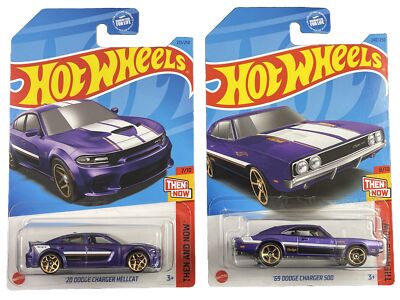 Hot Wheels 2023 HW Then And Now 7/10 & 8/10 Dodge Charger Hellcat/500 2 Car Set