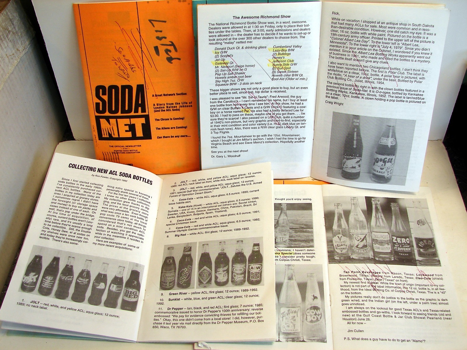 Painted Label Soda Net; 1993 (6) issues; ACL soda collectors Official Newsletter