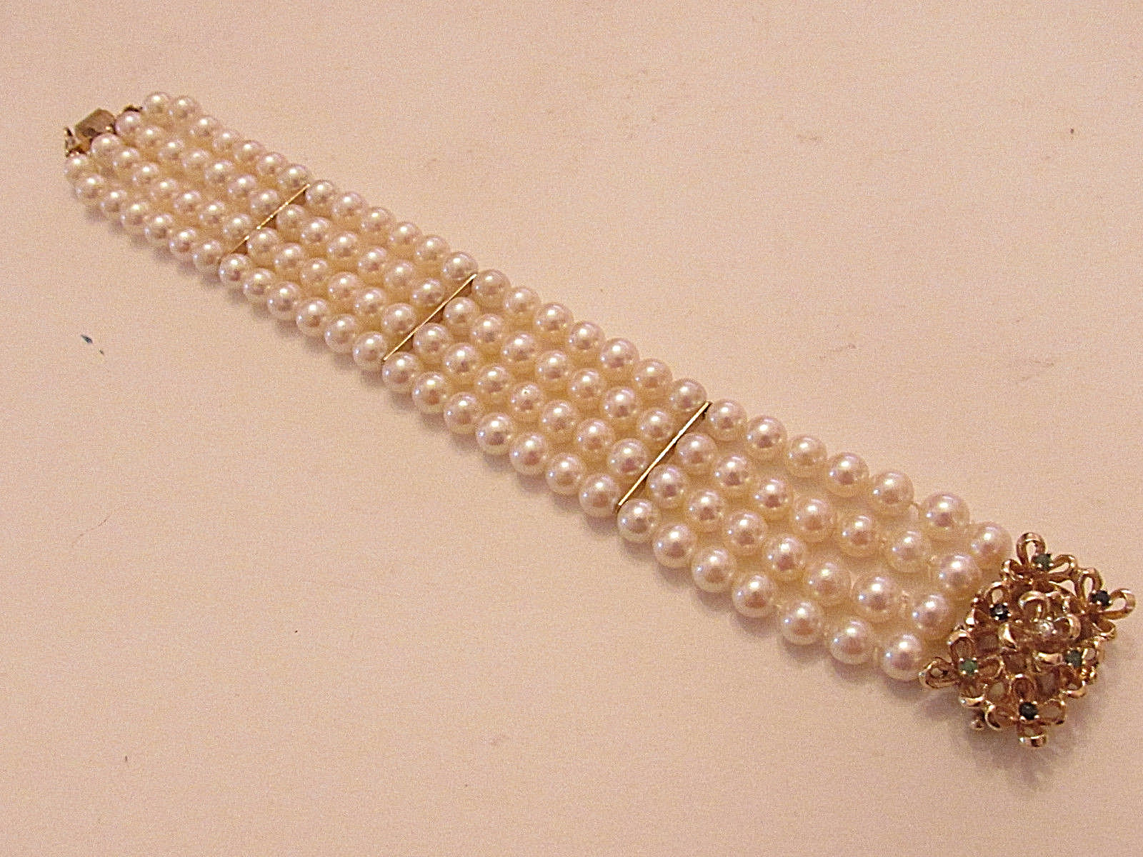 Elegant Cultured Pearl Bracelet 14K Yellow Gold Clasp Diamond Sapphires Emeralds