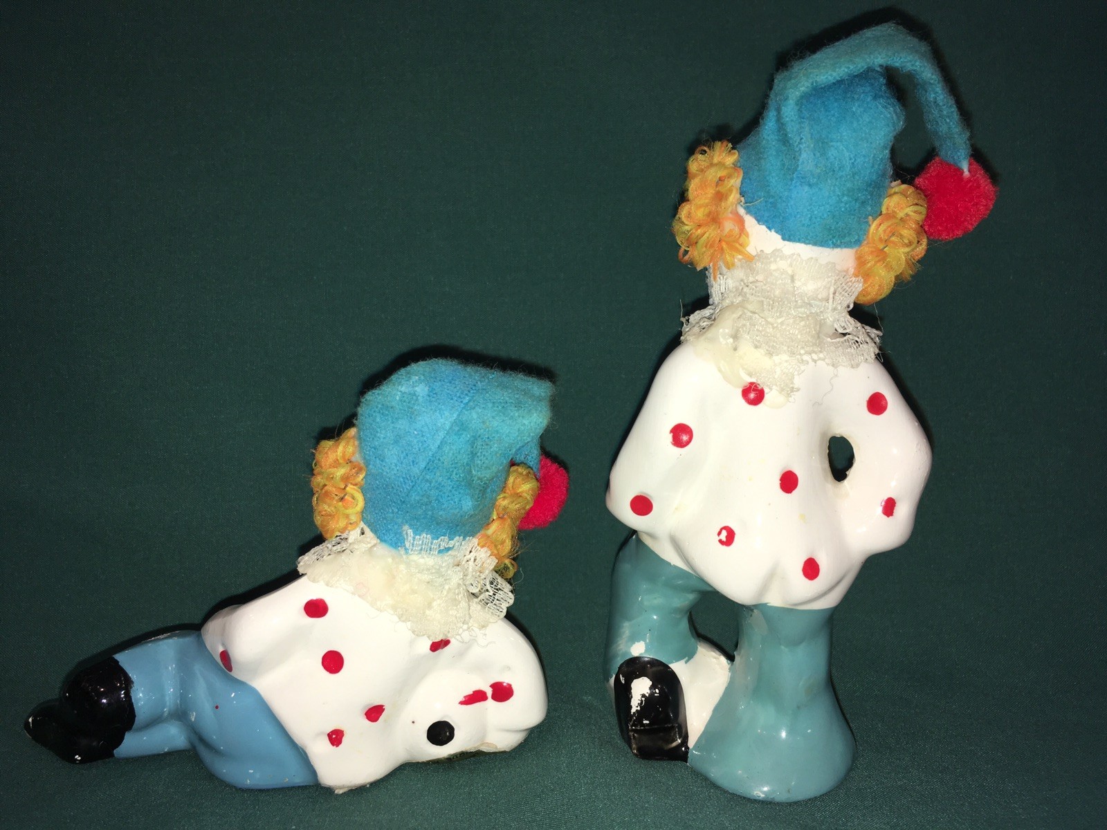 2 Clown FIGURINES Ceramic FABRIC CLOTH POM POMS LACE Set TURQUOISE Vintage
