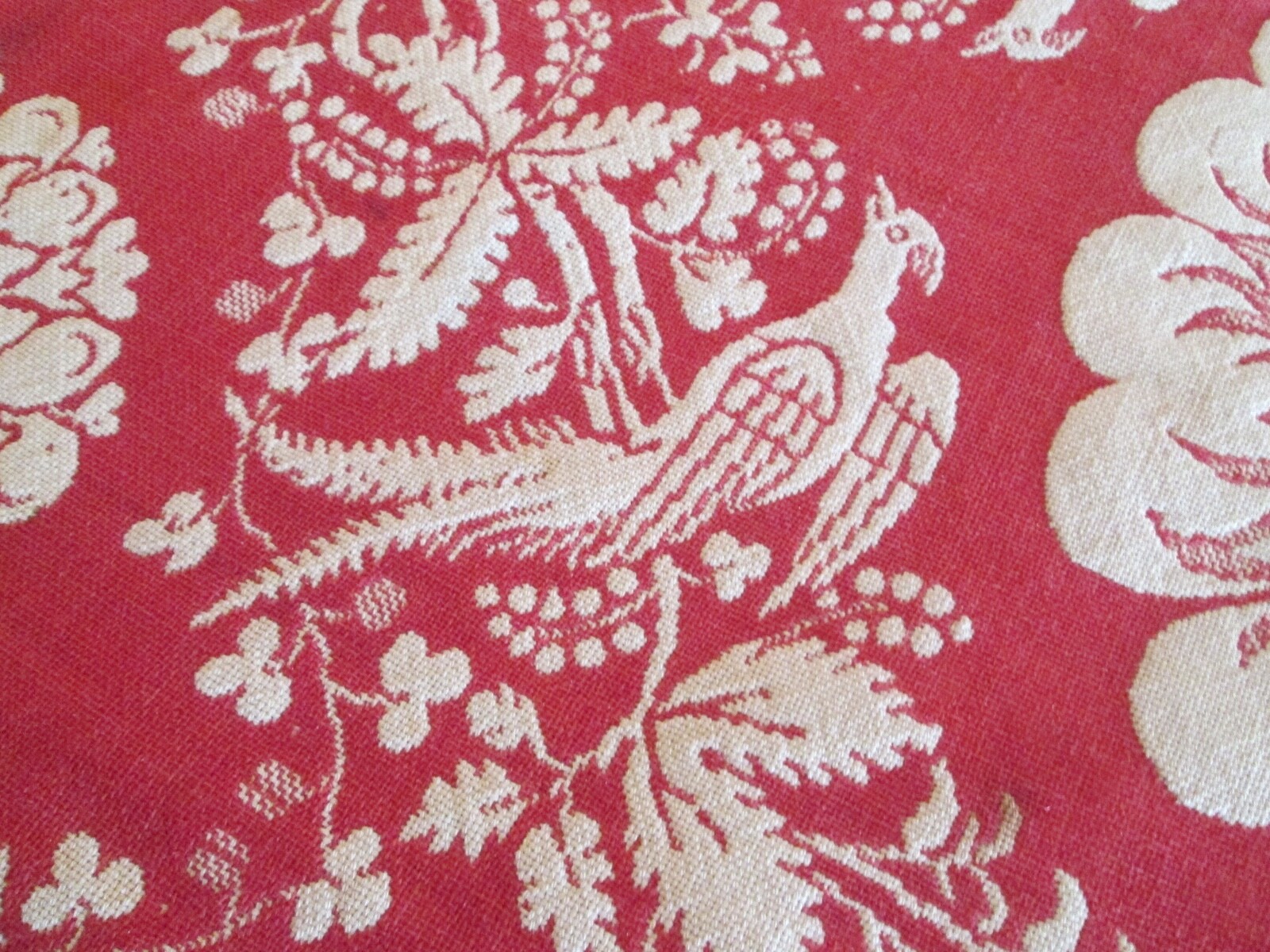 ANTIQUE VTG JACQUARD WOVEN BED COVERLET BIRDS FLORAL RED & ECRU 80
