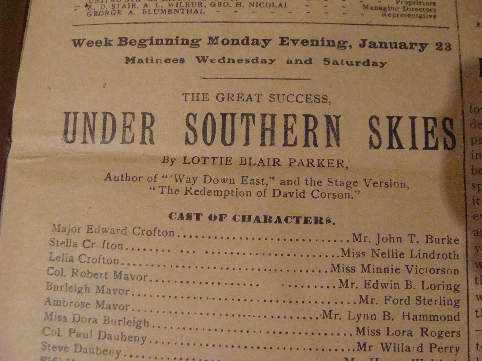 vintage Theatre Program: UNDER SOUTHERN SKIES west-end theatre 1904 or 1905 TORN