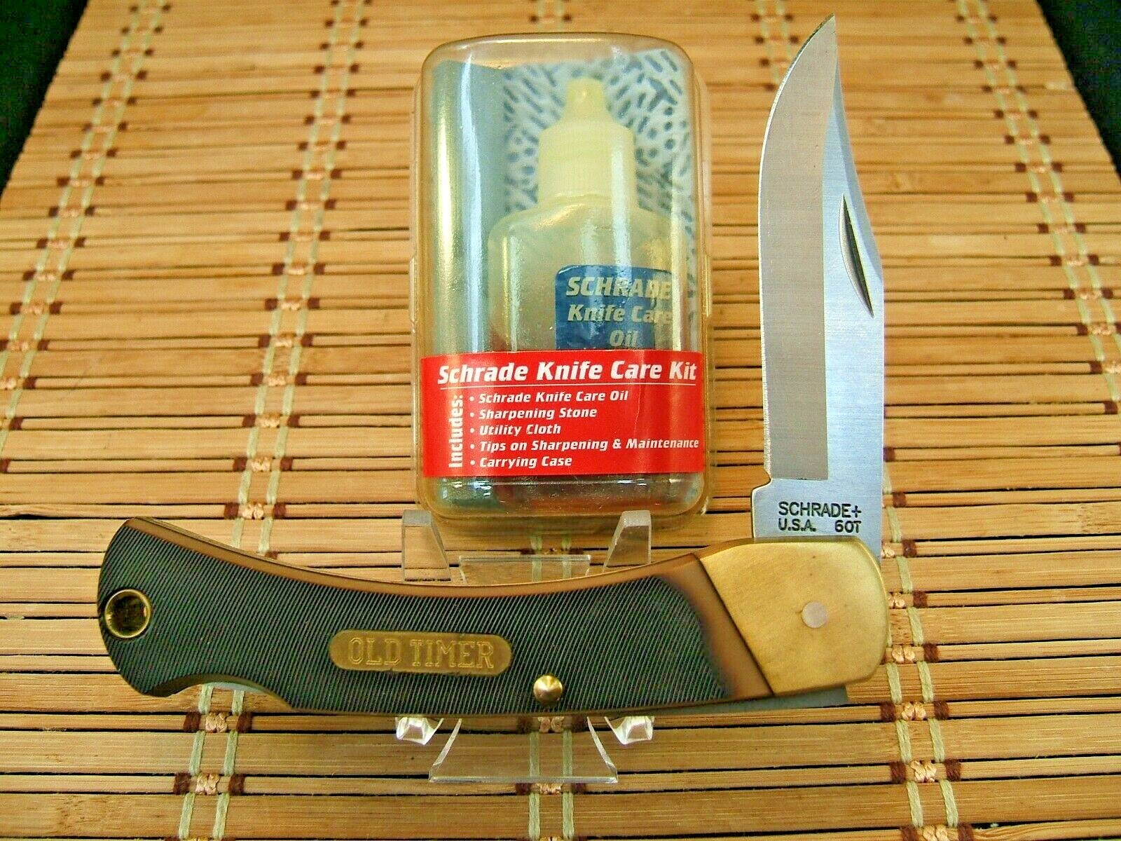 MINT VINT. SCHRADE+ USA OLD TIMER 6 OT GOLDEN BEAR LOCKBACK KNIFE, SHEATH & OIL