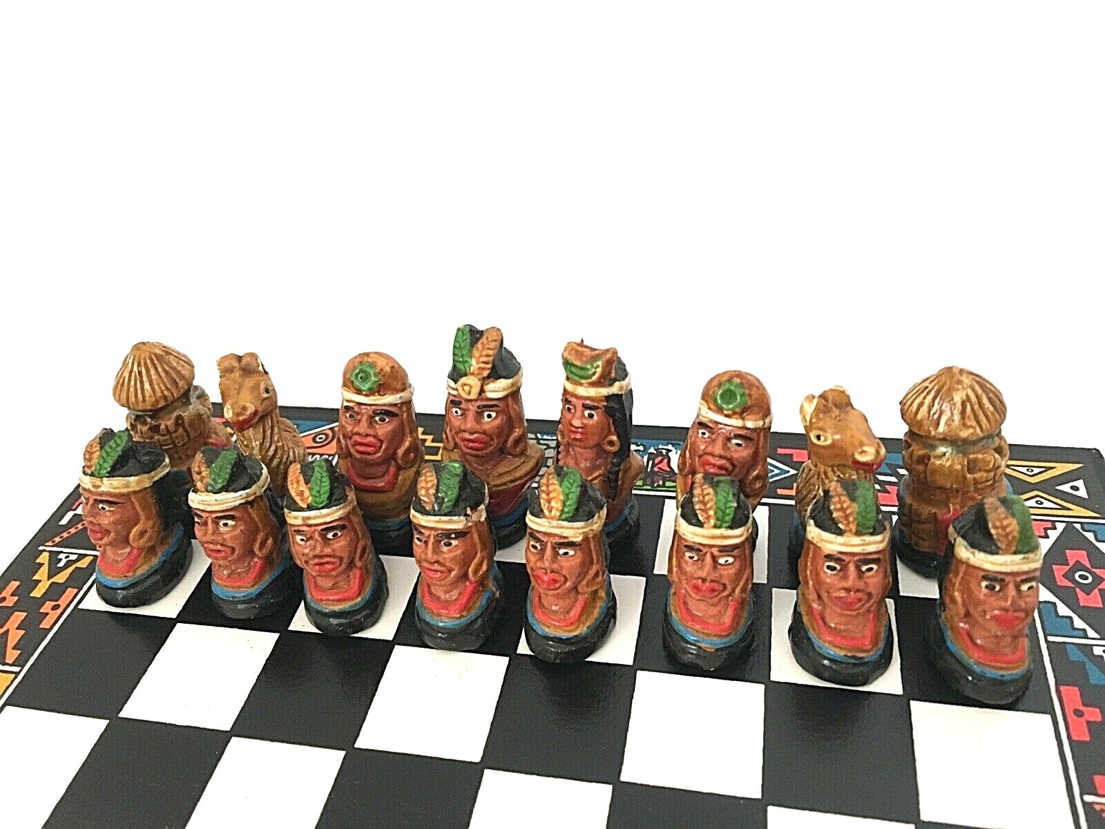 Handmade Wooden Chess Game Handpainted Spanish Soldiers Vs Indians Peruvian