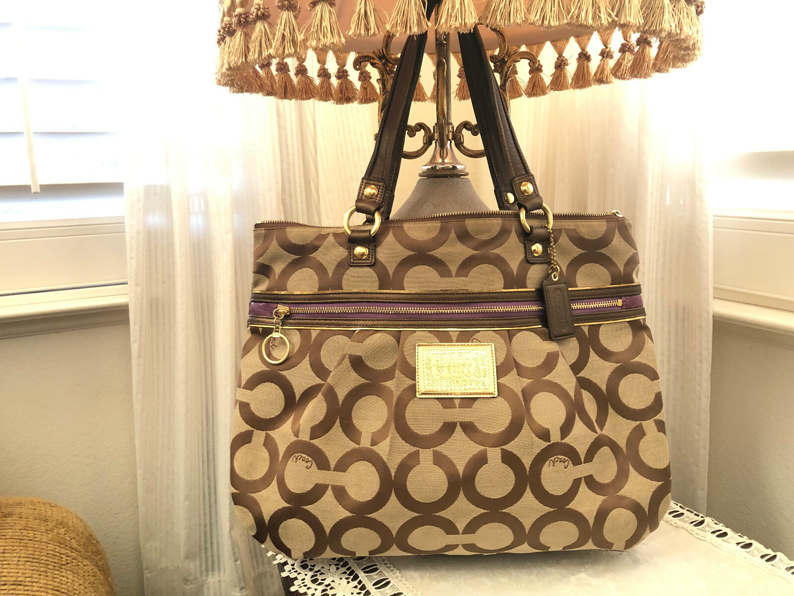 Coach Brown Khaki Poppy Jacquard Leather Tote Satchel Coach Brown Khaki Poppy Jacquard Leather Tote Satchel