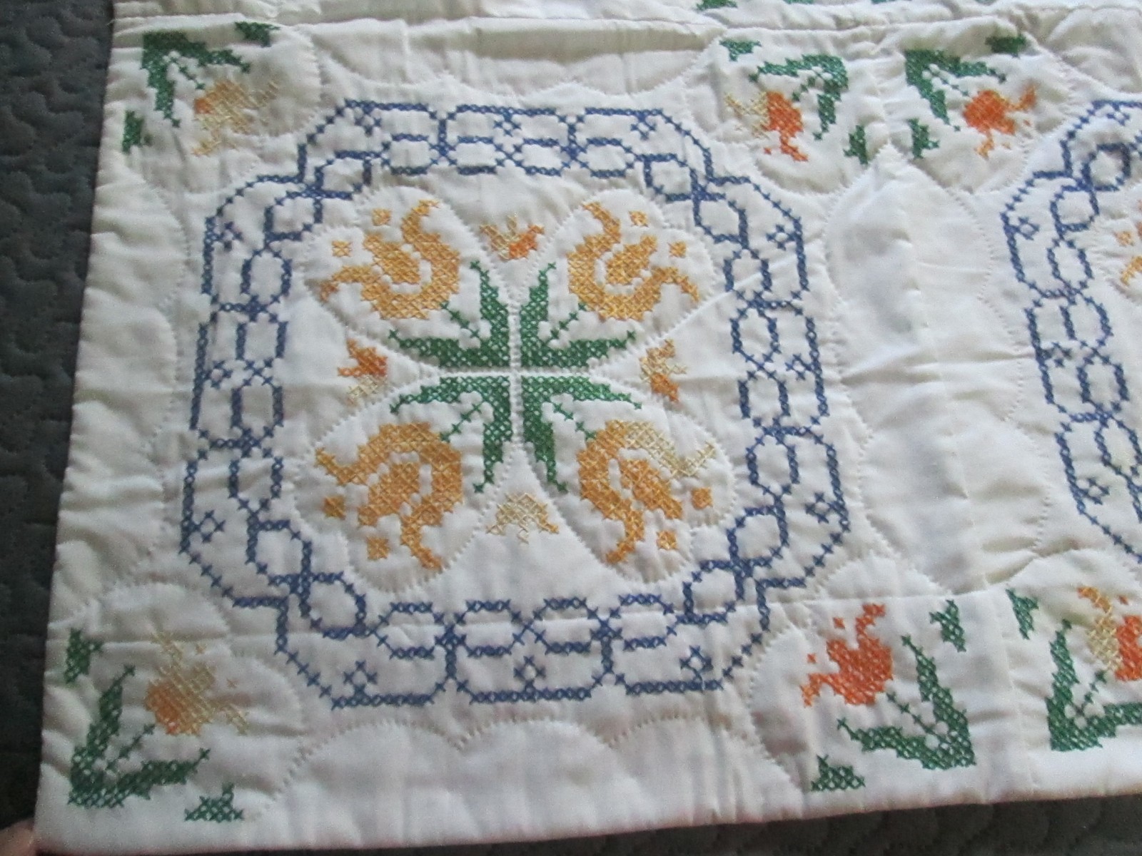 Vintage Embroidery Baby Quilt Tulip Yellow Cross Stitched