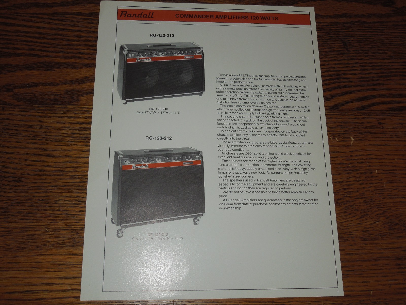 Vintage 1978 Randall Commander Amps 120 W Promo Sheet 2-Sided RG-120-210
