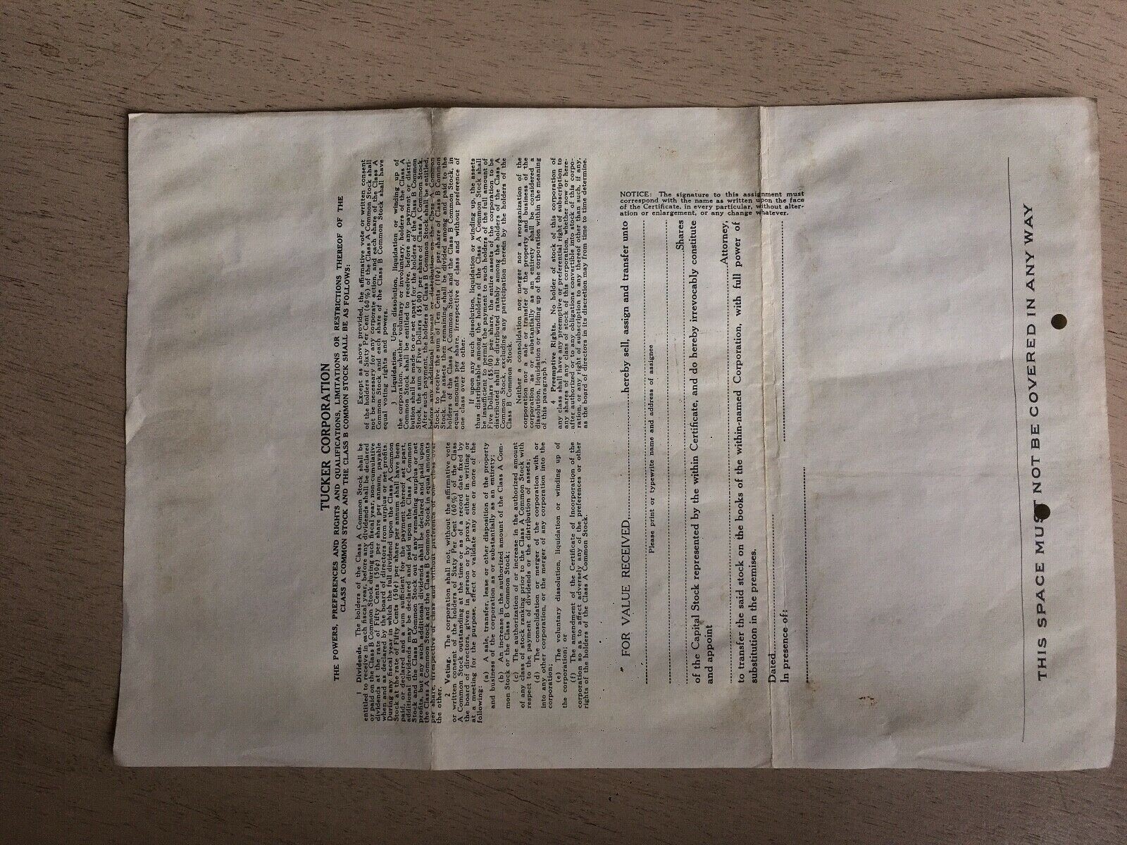 Tucker Corporation Stock Certificate