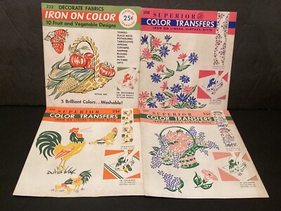 Vintage Iron-On Fabric Patterns Transfers Superior Lot Chickens, Flowers, Veggie