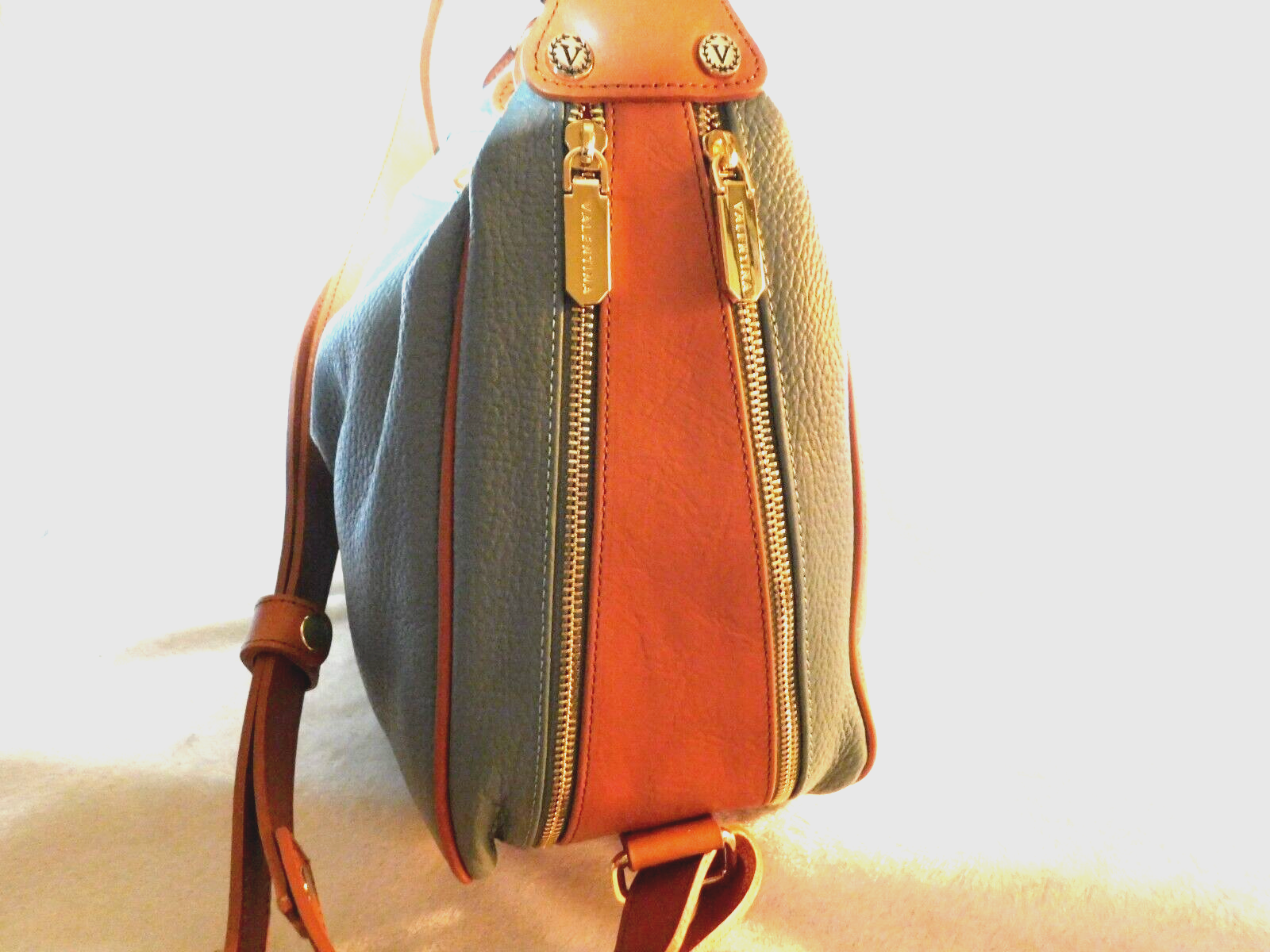 Valentina Italian Convertible Backpack Shoulder Bag Jade Green Cognac Trim NWT