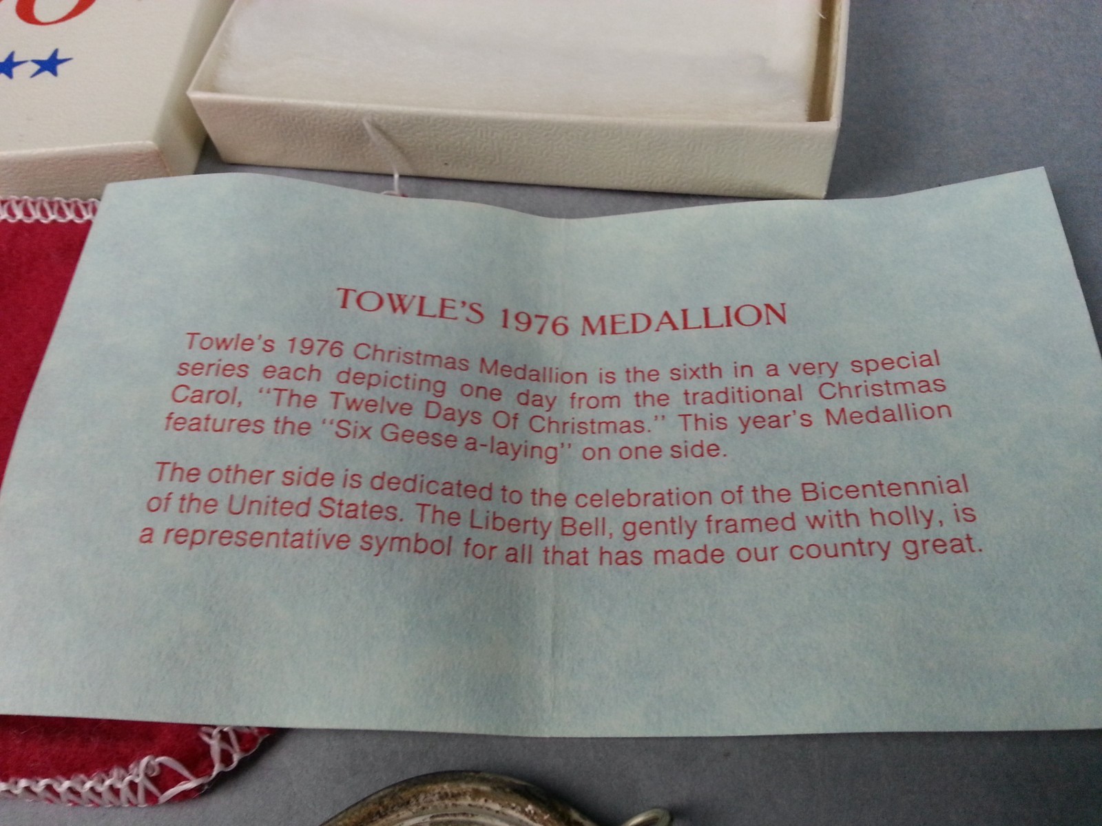 TOWLE STERLING SILVER 1976 LIBERTY BELL MEDALLION SIX GEESE-A-LAYING