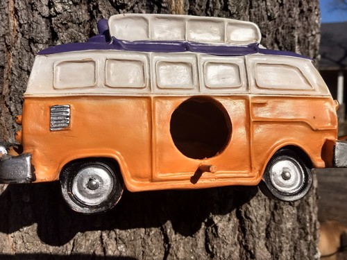 New old 1960's hippy purple orange Volkswagen van bus ceramic birdhouse