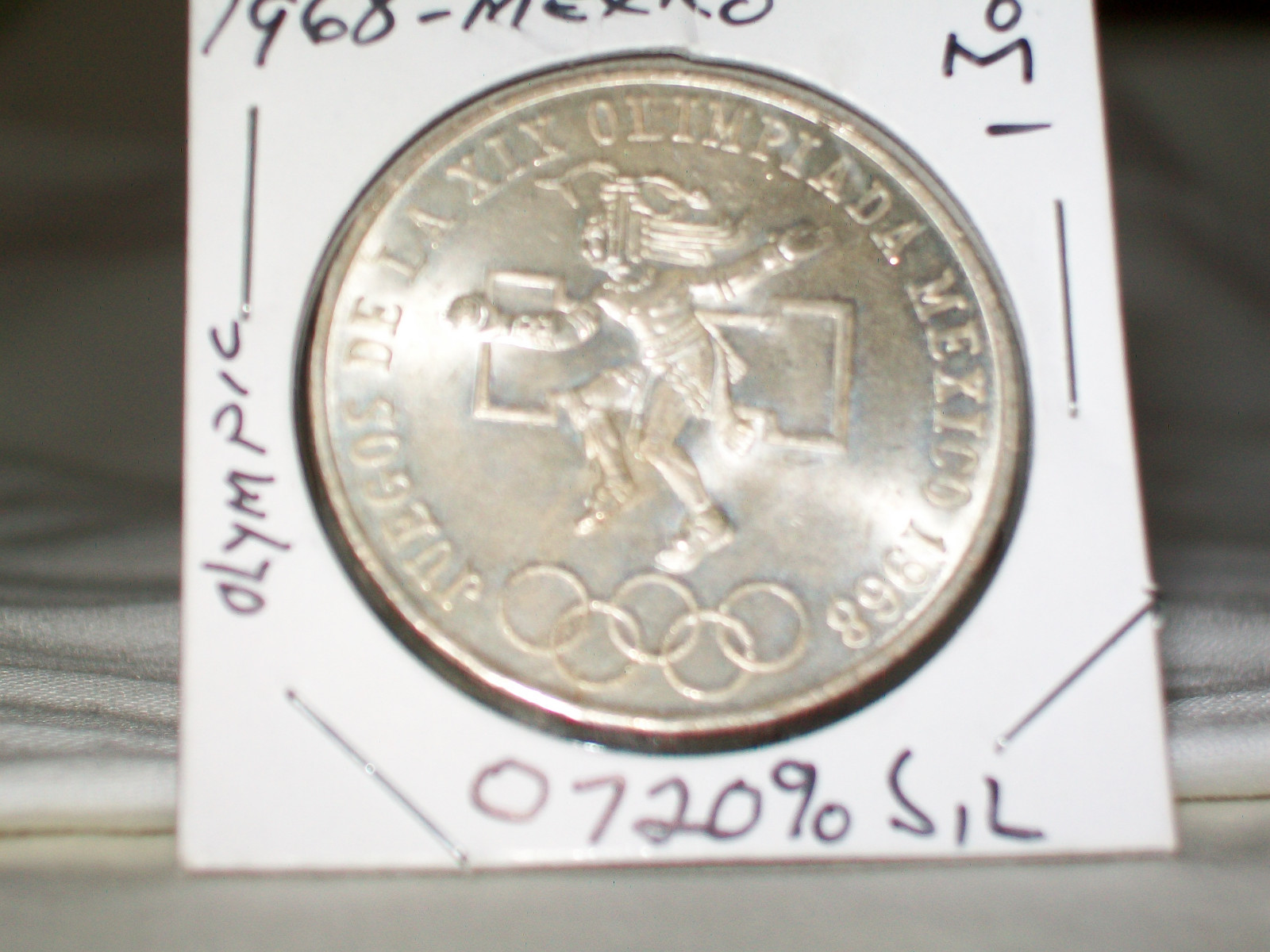 1968 MEXICO Silver (22.5g.,.720 Silver) 25 Pesos  -Olympics Rings UNC.