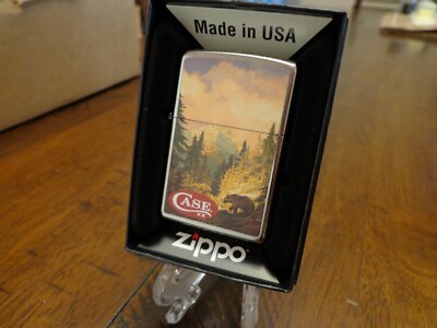 CASE XX KNIFE GRIZZLY BEAR IN FOREST MOUNTAIN SCENE ZIPPO LIGHTER  MINT IN BOX