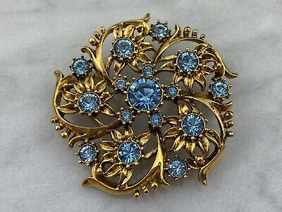 Blue Rhinestone Brooch - Gold Tone Flowers, Antiques Roadshow Costume Jewelry