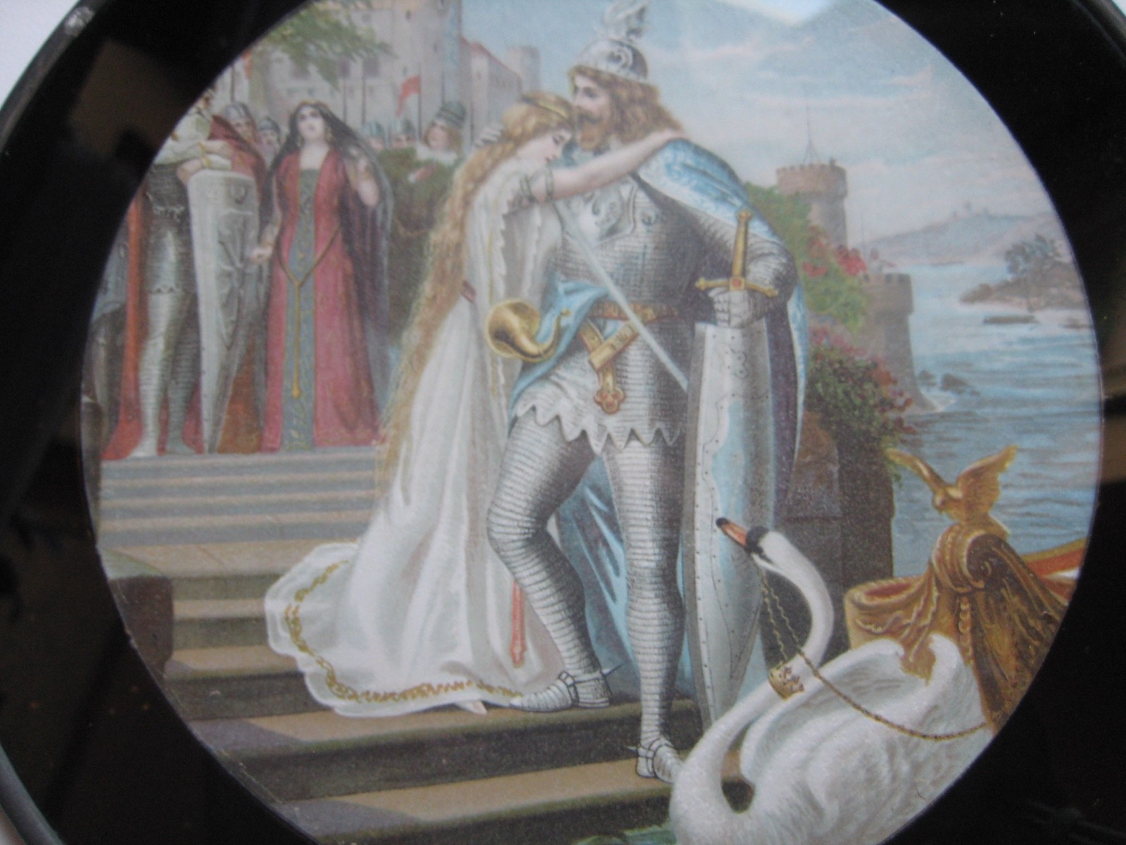 Victorian Chimney Flue Cover Lohengrin Swan Knight Richard Wagner glass opera