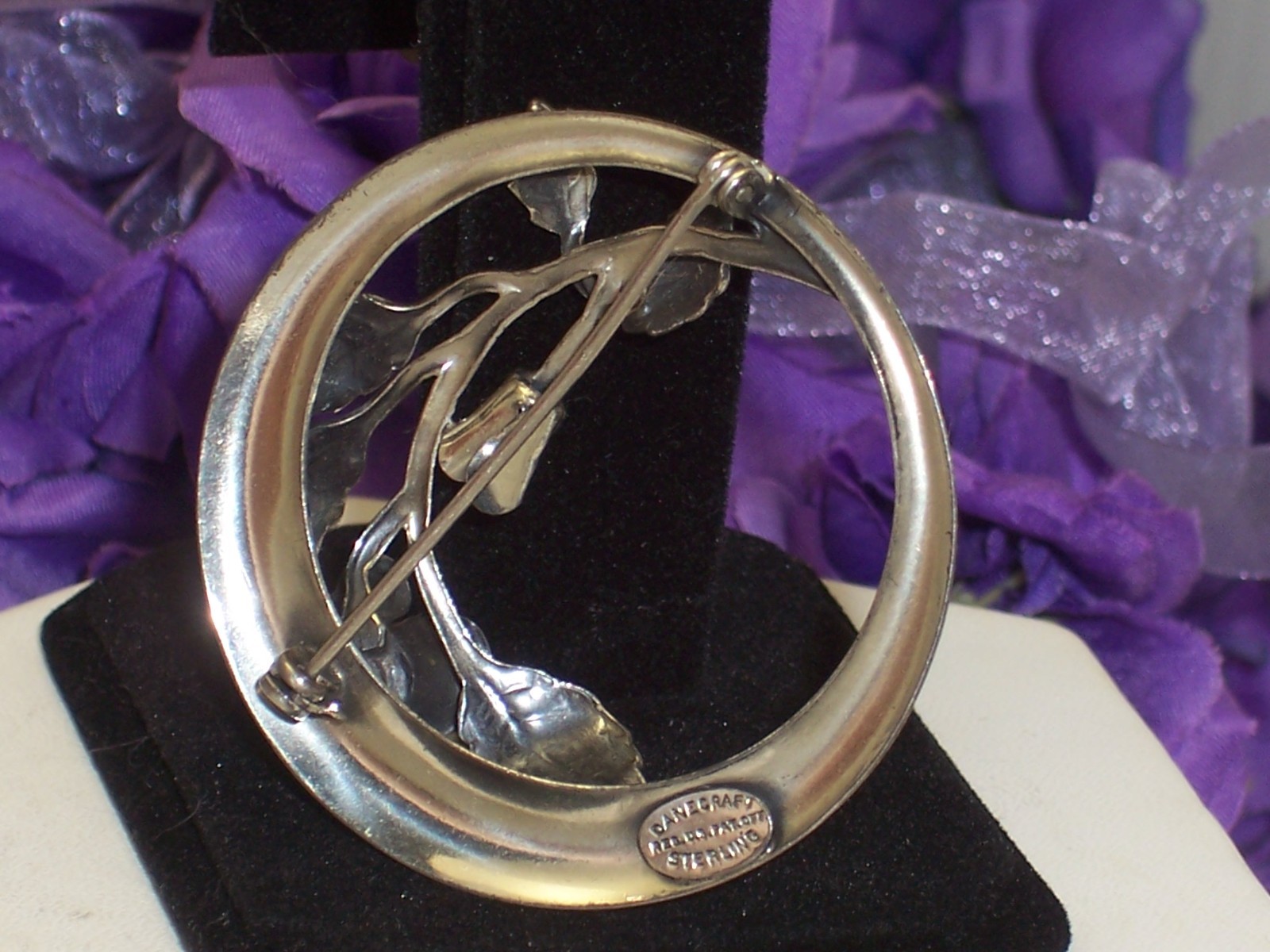 Vintage Danecraft Sterling Silver Round Brooch Raised Roses Design